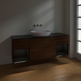 Тумба под раковину Villeroy & Boch Finion 160х50,1 см с подсветкой МДФ шпон грецкого ореха/стекло черное матовое FD02PDGN