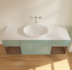 Тумба під раковину Villeroy & Boch Finion 160х50,1 см із підсвічуванням МДФ оливковий матовий лак/скло біле матове FD01GNGM