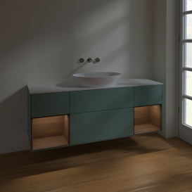 Тумба під раковину Villeroy & Boch Finion 160х50,1 см із підсвічуванням МДФ оливковий матовий лак/скло біле матове FD01GNGM