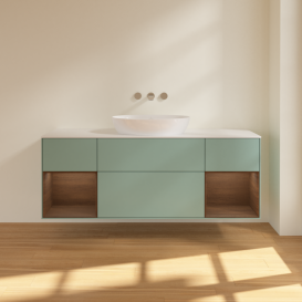 Тумба під раковину Villeroy & Boch Finion 160х50,1 см із підсвічуванням МДФ оливковий матовий лак/скло біле матове FD01GNGM