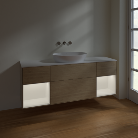 Тумба под раковину Villeroy & Boch Finion 160х50,1 см с подсветкой МДФ шпон дуба/стекло белое матовое FD01MTPC