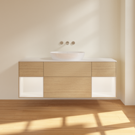 Тумба под раковину Villeroy & Boch Finion 160х50,1 см с подсветкой МДФ шпон дуба/стекло белое матовое FD01MTPC