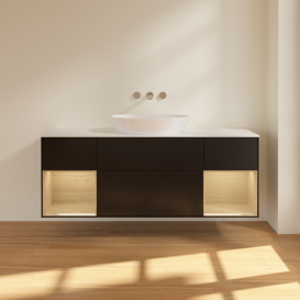 Тумба под раковину Villeroy & Boch Finion 160х50,1 см с подсветкой МДФ черный матовый лак/стекло белое матовое FD01PCPD