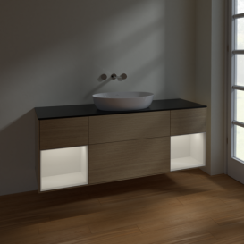 Тумба под раковину Villeroy & Boch Finion 160х50,1 см с подсветкой МДФ шпон дуба/стекло черное матовое FD02GFPC