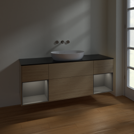 Тумба под раковину Villeroy & Boch Finion 160х50,1 см с подсветкой МДФ шпон дуба/стекло черное матовое FD02GKPC