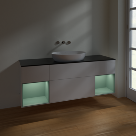 Тумба под раковину Villeroy & Boch Finion 160х50,1 см с подсветкой МДФ глянцевый белый лак/стекло черное матовое FD02GMGF