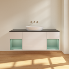 Тумба под раковину Villeroy & Boch Finion 160х50,1 см с подсветкой МДФ глянцевый белый лак/стекло черное матовое FD02GMGF