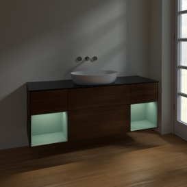 Тумба под раковину Villeroy & Boch Finion 160х50,1 см с подсветкой МДФ шпон грецкого ореха/стекло черное матовое FD02GMGN