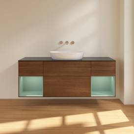 Тумба под раковину Villeroy & Boch Finion 160х50,1 см с подсветкой МДФ шпон грецкого ореха/стекло черное матовое FD02GMGN