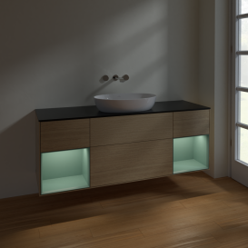 Тумба под раковину Villeroy & Boch Finion 160х50,1 см с подсветкой МДФ шпон дуба/стекло черное матовое FD02GMPC