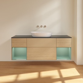 Тумба под раковину Villeroy & Boch Finion 160х50,1 см с подсветкой МДФ шпон дуба/стекло черное матовое FD02GMPC