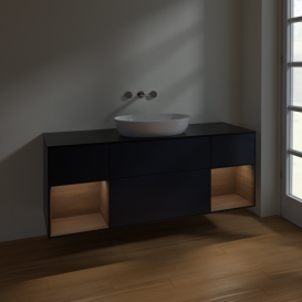 Тумба под раковину Villeroy & Boch Finion 160х50,1 см с подсветкой МДФ темно-синий матовый лак/стекло черное матовое FD02GNHG