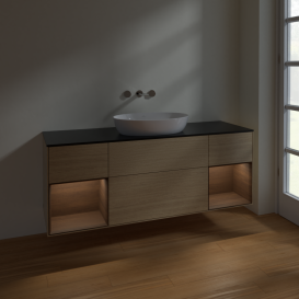 Тумба под раковину Villeroy & Boch Finion 160х50,1 см с подсветкой МДФ шпон дуба/стекло черное матовое FD02GNPC