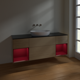 Тумба под раковину Villeroy & Boch Finion 160х50,1 см с подсветкой МДФ шпон дуба/стекло черное матовое FD02HBPC