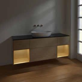 Тумба под раковину Villeroy & Boch Finion 160х50,1 см с подсветкой МДФ шпон дуба/стекло черное матовое FD02HFPC