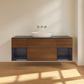 Тумба под раковину Villeroy & Boch Finion 160х50,1 см с подсветкой МДФ шпон грецкого ореха/стекло черное матовое FD02HGGN