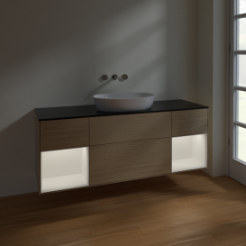 Тумба под раковину Villeroy & Boch Finion 160х50,1 см с подсветкой МДФ шпон дуба/стекло черное матовое FD02MTPC