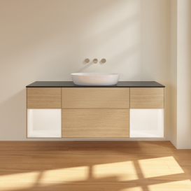 Тумба под раковину Villeroy & Boch Finion 160х50,1 см с подсветкой МДФ шпон дуба/стекло черное матовое FD02MTPC