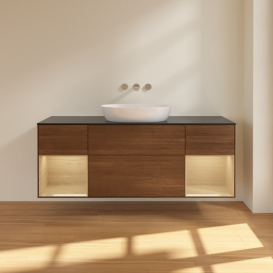 Тумба под раковину Villeroy & Boch Finion 160х50,1 см с подсветкой МДФ шпон грецкого ореха/стекло черное матовое FD02PCGN