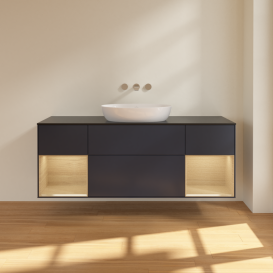 Тумба под раковину Villeroy & Boch Finion 160х50,1 см с подсветкой МДФ темно-синий матовый лак/стекло черное матовое FD02PCHG