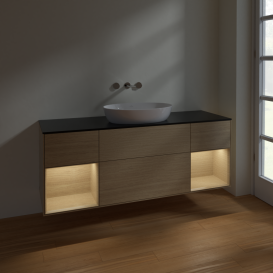 Тумба под раковину Villeroy & Boch Finion 160х50,1 см с подсветкой МДФ шпон дуба/стекло черное матовое FD02PCPC