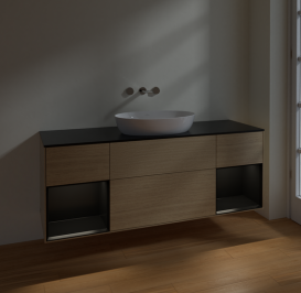 Тумба под раковину Villeroy & Boch Finion 160х50,1 см с подсветкой МДФ шпон дуба/стекло черное матовое FD02PDPC