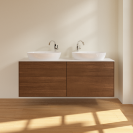 Тумба под раковину Villeroy & Boch Finion 160х50,1 см с подсветкой МДФ шпон грецкого ореха/стекло белое матовое G96100GN