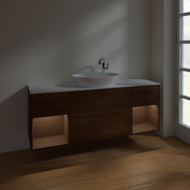 Тумба под раковину Villeroy & Boch Finion 160х50,1 см с подсветкой МДФ шпон грецкого ореха/стекло белое матовое F981GNGN