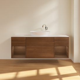 Тумба под раковину Villeroy & Boch Finion 160х50,1 см с подсветкой МДФ шпон грецкого ореха/стекло белое матовое F981GNGN