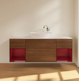 Тумба под раковину Villeroy & Boch Finion 160х50,1 см с подсветкой МДФ шпон грецкого ореха/стекло белое матовое F981HBGN