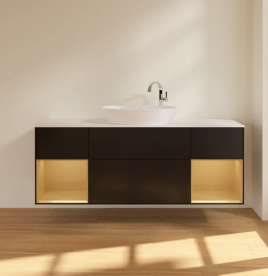 Тумба под раковину Villeroy & Boch Finion 160х50,1 см с подсветкой МДФ черный матовый лак/стекло белое матовое F981HFPD