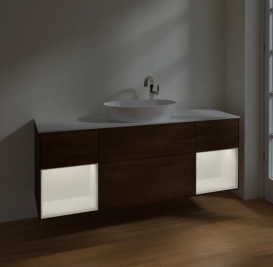 Тумба под раковину Villeroy & Boch Finion 160х50,1 см с подсветкой МДФ шпон грецкого ореха/стекло белое матовое F981MTGN