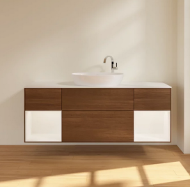 Тумба под раковину Villeroy & Boch Finion 160х50,1 см с подсветкой МДФ шпон грецкого ореха/стекло белое матовое F981MTGN