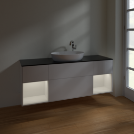 Тумба под раковину Villeroy & Boch Finion 160х50,1 см с подсветкой МДФ глянцевый белый лак/стекло черное матовое  F982GFGF