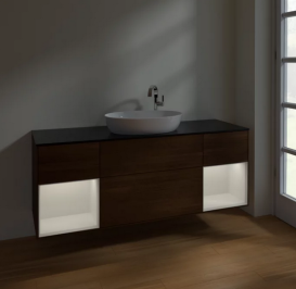 Тумба под раковину Villeroy & Boch Finion 160х50,1 см с подсветкой МДФ шпон грецкого ореха/стекло черное матовое F982GFGN