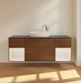 Тумба под раковину Villeroy & Boch Finion 160х50,1 см с подсветкой МДФ шпон грецкого ореха/стекло черное матовое F982GFGN