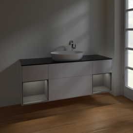 Тумба под раковину Villeroy & Boch Finion 160х50,1 см с подсветкой МДФ глянцевый белый лак/стекло черное матовое F982GKGF