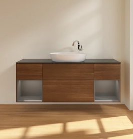 Тумба под раковину Villeroy & Boch Finion 160х50,1 см с подсветкой МДФ шпон грецкого ореха/стекло черное матовое F982GKGN