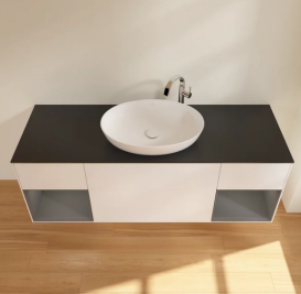 Тумба под раковину Villeroy & Boch Finion 160х50,1 см с подсветкой МДФ белый матовый лак/стекло черное матовое F982GKMT