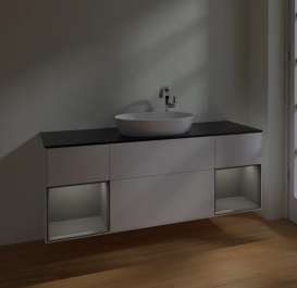 Тумба под раковину Villeroy & Boch Finion 160х50,1 см с подсветкой МДФ белый матовый лак/стекло черное матовое F982GKMT