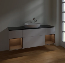 Тумба под раковину Villeroy & Boch Finion 160х50,1 см с подсветкой МДФ глянцевый белый лак/стекло черное матовое F982GNGF