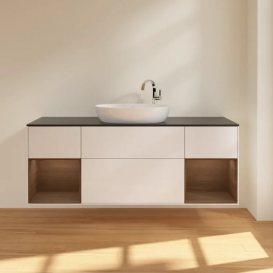 Тумба под раковину Villeroy & Boch Finion 160х50,1 см с подсветкой МДФ глянцевый белый лак/стекло черное матовое F982GNGF