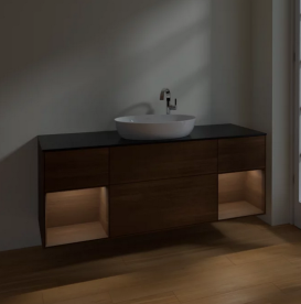 Тумба под раковину Villeroy & Boch Finion 160х50,1 см с подсветкой МДФ шпон грецкого ореха/стекло черное матовое F982GNGN