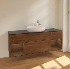 Тумба під раковину Villeroy & Boch Finion 160х50,1 см із підсвічуванням МДФ шпон волоського горіха/скло чорне матове F982GNGN