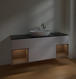 Тумба под раковину Villeroy & Boch Finion 160х50,1 см с подсветкой МДФ белый матовый лак/стекло черное матовое F982GNMT