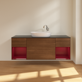 Тумба под раковину Villeroy & Boch Finion 160х50,1 см с подсветкой МДФ шпон грецкого ореха/стекло черное матовое F982HBGN