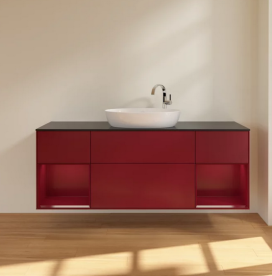 Тумба под раковину Villeroy & Boch Finion 160х50,1 см с подсветкой МДФ пион матовый лак/стекло черное матовое F982HBHB