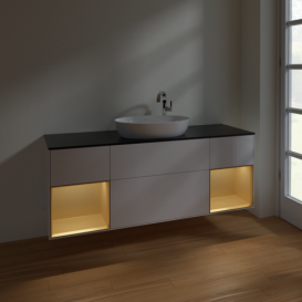 Тумба под раковину Villeroy & Boch Finion 160х50,1 см с подсветкой МДФ глянцевый белый лак/стекло черное матовое F982HFGF