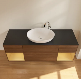 Тумба під раковину Villeroy & Boch Finion 160х50,1 см із підсвічуванням МДФ шпон волоського горіха/скло чорне матове F982HFGN