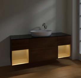 Тумба під раковину Villeroy & Boch Finion 160х50,1 см із підсвічуванням МДФ шпон волоського горіха/скло чорне матове F982HFGN